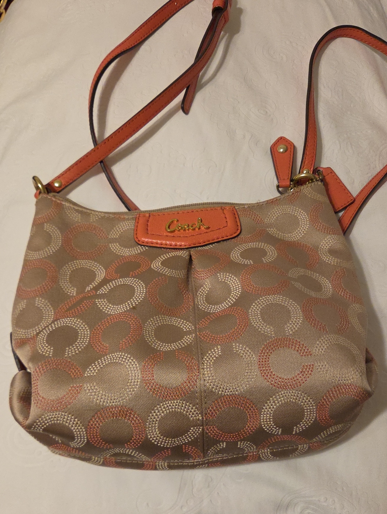 Coach Tan Canvas Crossbody With Orange Trim